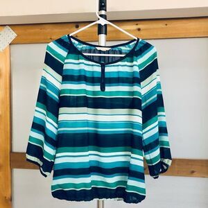 BANANA REPUBLIC FACTORY Blue Green White Stripe Light Sheer Peasant Blouse Sz M‎